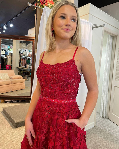 Cute A Line Scoop Neck Red Lace Prom Dresses with Beading VK122204