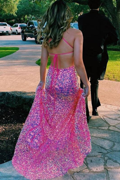 Sparkly Mermaid Pink Sequins Prom Dresses Cross Back for 2022 VK22022102