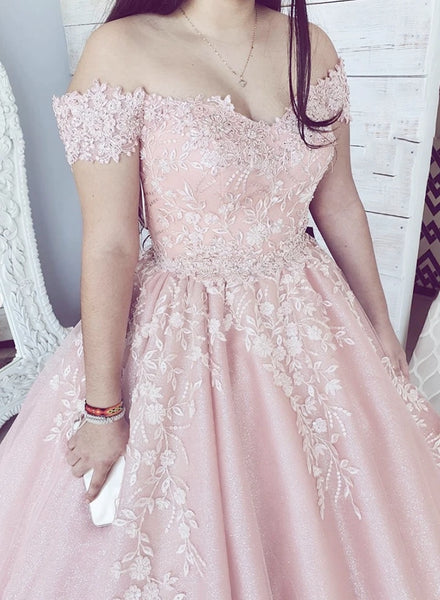 Sweetheart Pink Tulle Off Shoulder Long Formal Dress Sweet 16 Prom Dresses 2021 VK0205003