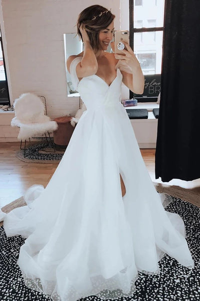 Elegant A-line Off the Shoulder White Wedding Dress with Split VK0322001