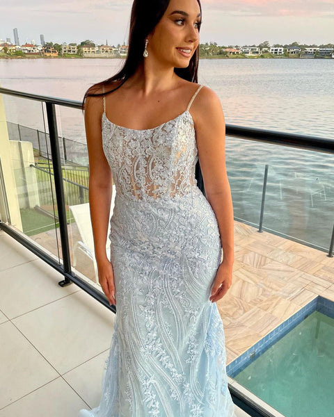 Cute Mermaid Scoop Neck Lace Light Blue Long Prom Dresses VK112103