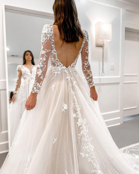 Elegant A Line Deep V Neck Tulle Wedding Dresses with Long Sleeves VK120606