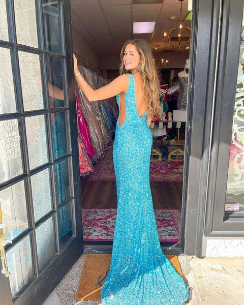 Sparkly Mermaid Deep V Neck Blue Sequins Prom Dresses VK120703