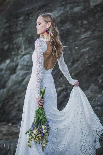 Alluring A-Line V Neck Long Sleeve Lace Wedding Dresses Bridal Gown with Train VK0105030