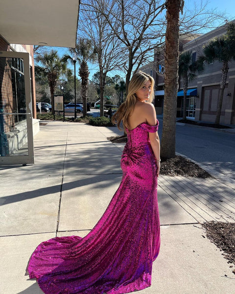 Charming Mermaid Off the Shoulder Sequins Prom Dresses with Slit VK23011802