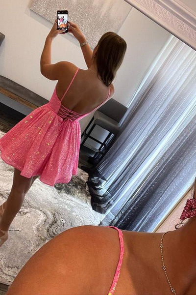 A Line V Neck Hot Pink Sequins Short Homecoming Dresses VK080404