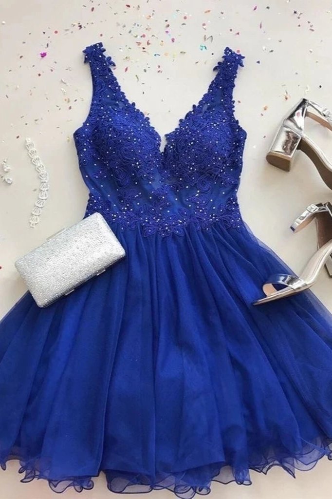 Free Shipping A Line V Neck Beaded Royal Blue Short Prom Dresses Homecoming Dresses VK0101024 – Vickidress
