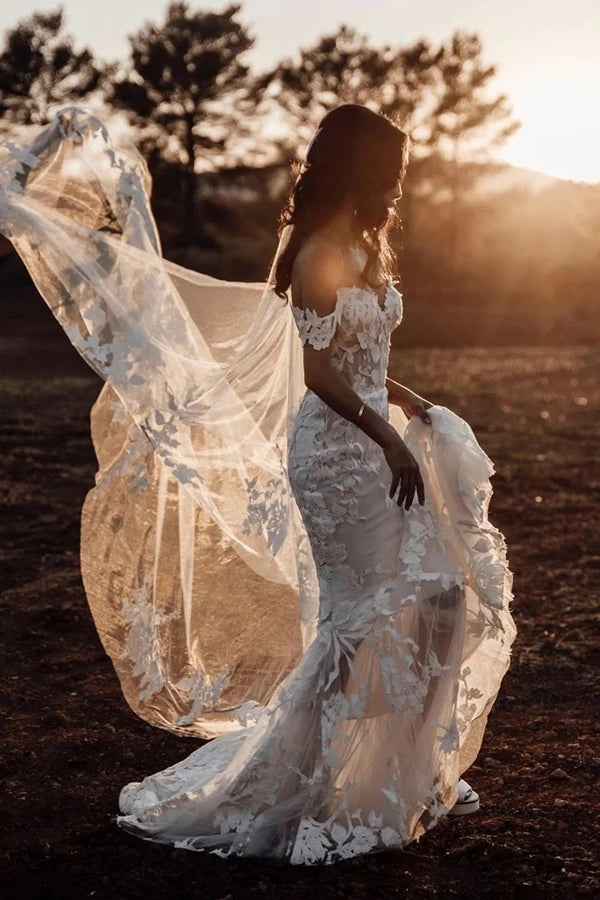 Amazing Mermaid Off the shoulder Tull Applique Rustic Wedding Dress VK0623002-1