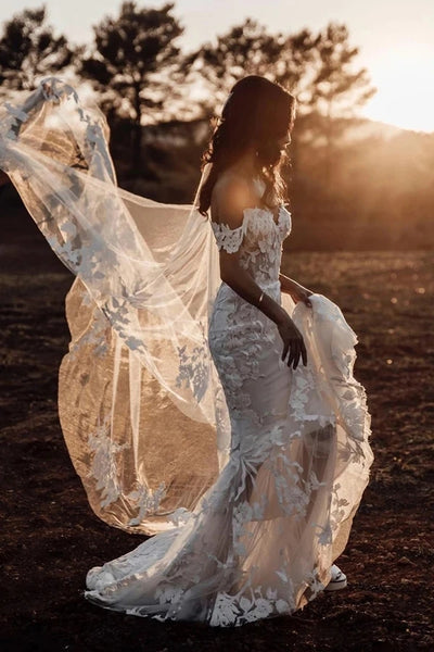 Amazing Mermaid Off the shoulder Tull Applique Rustic Wedding Dress VK0623002-1
