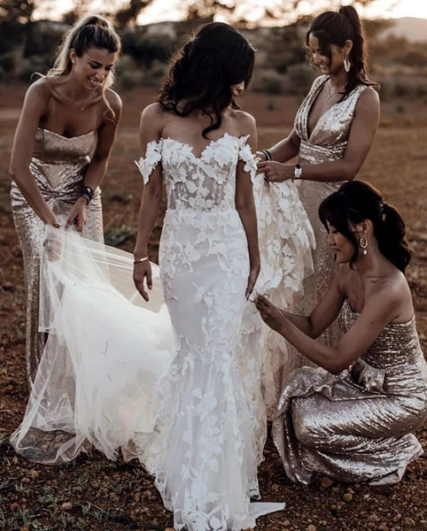 Amazing Mermaid Off the shoulder Tull Applique Rustic Wedding Dress VK0623002-2