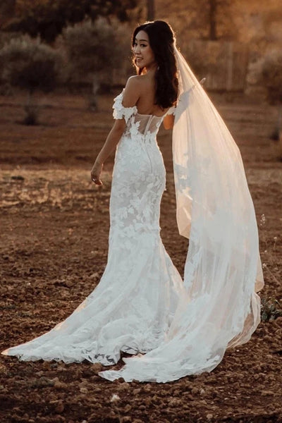 Amazing Mermaid Off the shoulder Tull Applique Rustic Wedding Dress VK0623002-4