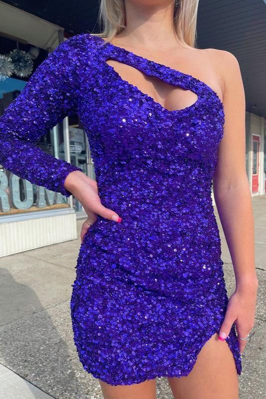 2022 Free Shipping One Shoulder Purple Long Sleeve Short
