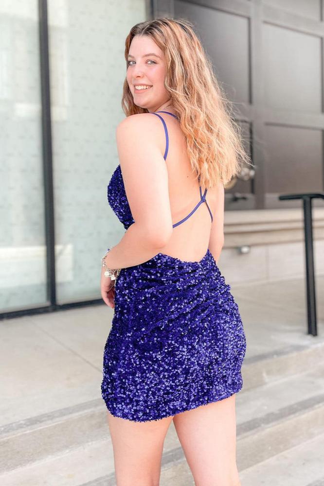 Free Shipping Sweet V Neck Purple Velvet Sequins Homecoming Dresses  VK0629002 – Vickidress