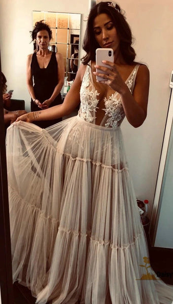 Boho A-Line V Neck Open Back Tulle Lace Wedding Dresses VK0105028