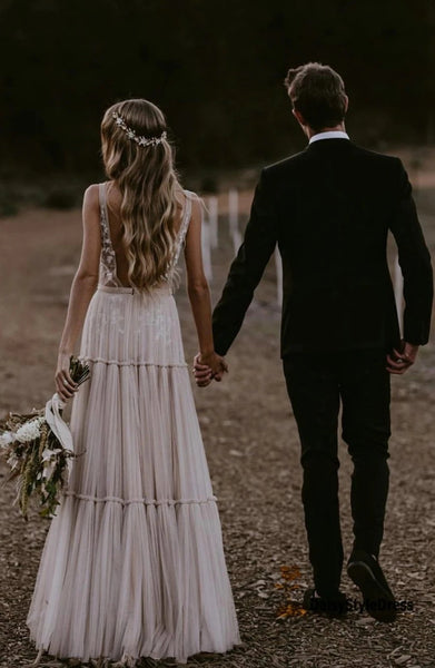 Boho A-Line V Neck Open Back Tulle Lace Wedding Dresses VK0105028