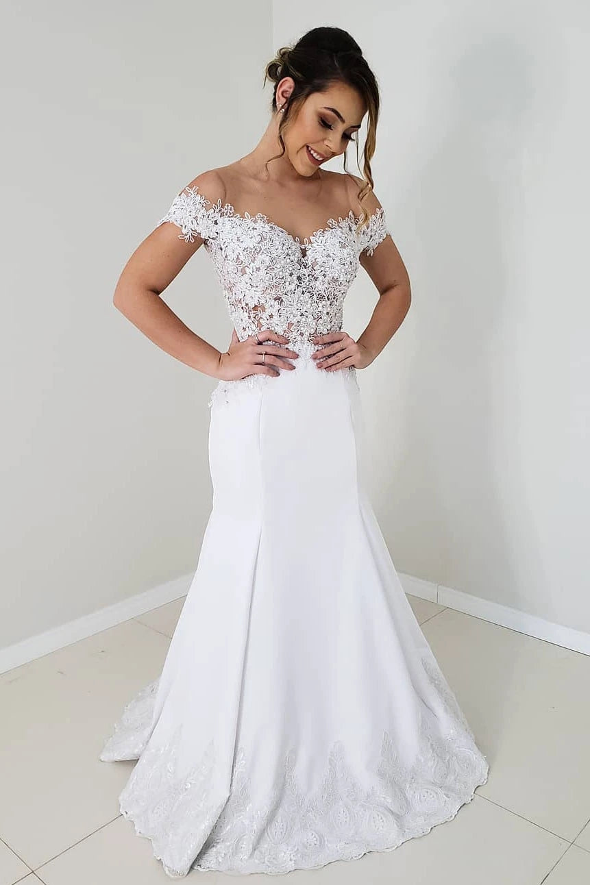 Classy Mermaid Off the Shoulder White Satin Wedding Dresses with Appliques VK0318021