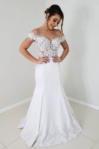 Classy Mermaid Off the Shoulder White Satin Wedding Dresses with Appliques VK0318021