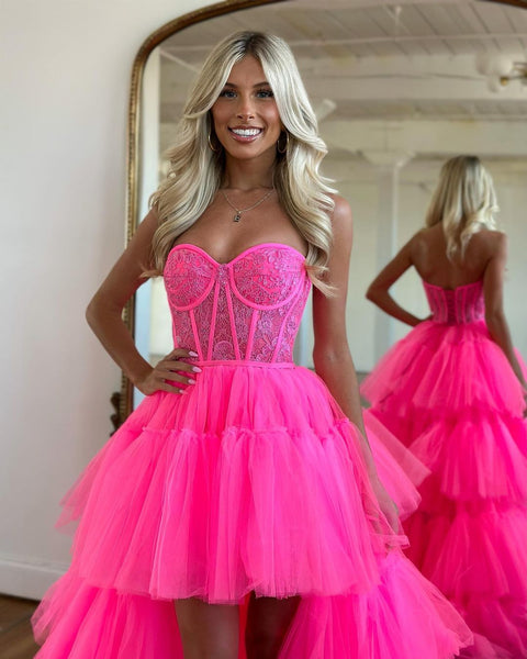 Cute A Line Strapless Hot Pink Tulle High Low Prom Dresses VK23022504