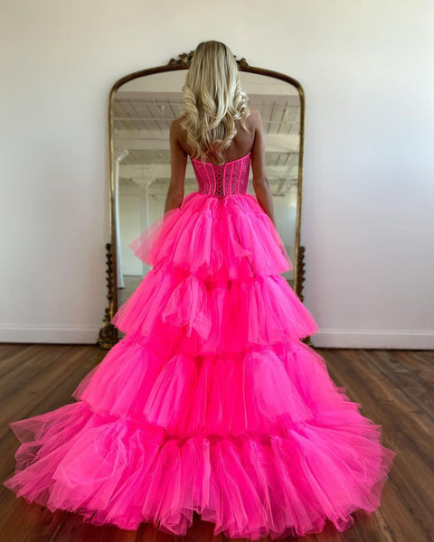 Cute A Line Strapless Hot Pink Tulle High Low Prom Dresses VK23022504