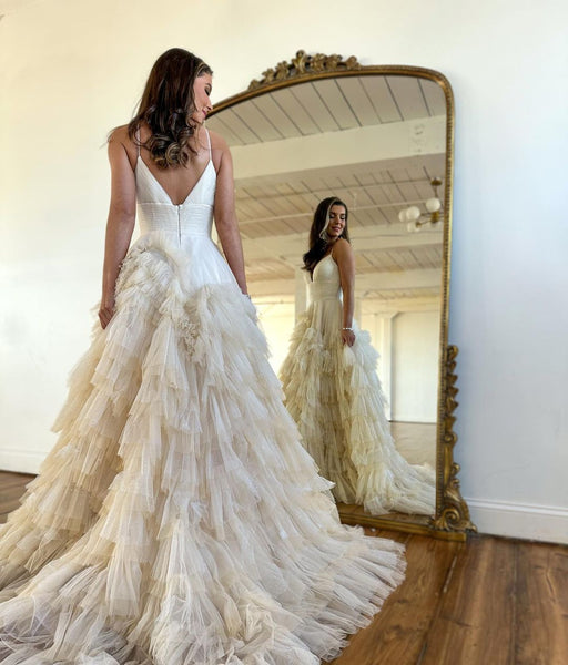 Cute A Line V Neck Champagne Tulle Long Prom Dresses VK23012302