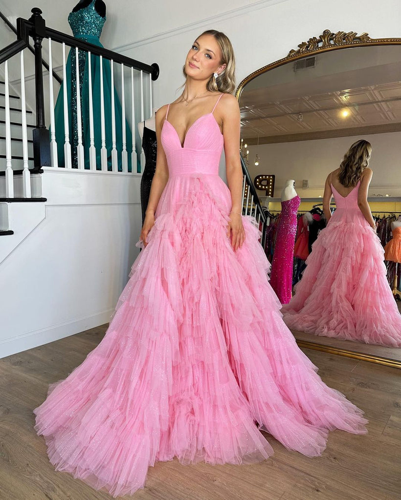 Cute A Line V Neck Pink Tulle Long Prom Dresses VK23020103 Vickidress