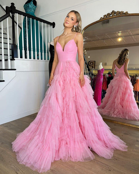Cute A Line V Neck Pink Tulle Long Prom Dresses VK23020103