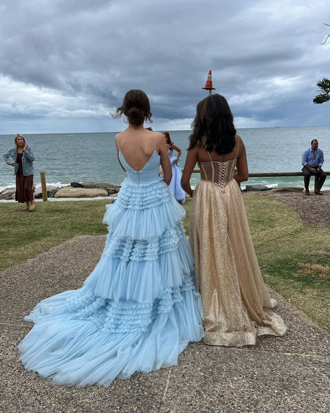 Cute Ball Gown V Neck Light Blue Ruffle Tiered Tulle Prom Dresses VK23031501