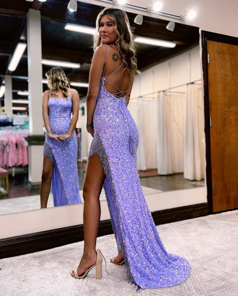 Cute Mermaid Scoop Neck Sequins Prom Dresses with Slit VK122404-4