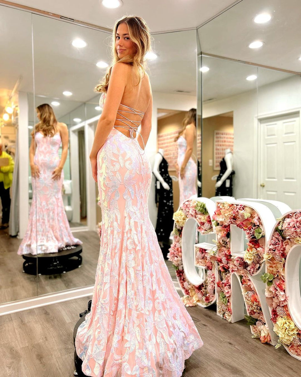 Two Pieces Mermaid Scoop Beading Satin Pink Prom Dress LBQ3314