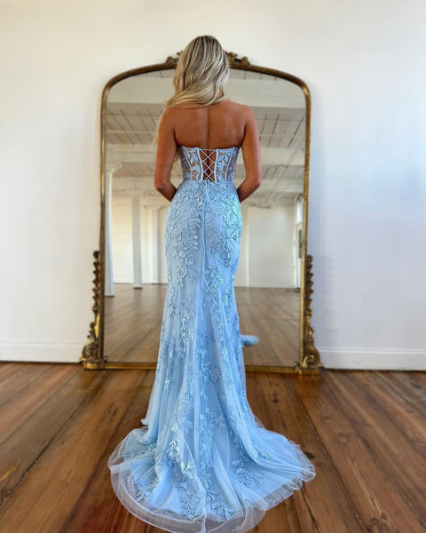 Cute Mermaid Sweetheart Light Blue Lace Long Prom Dresses VK23022503-2