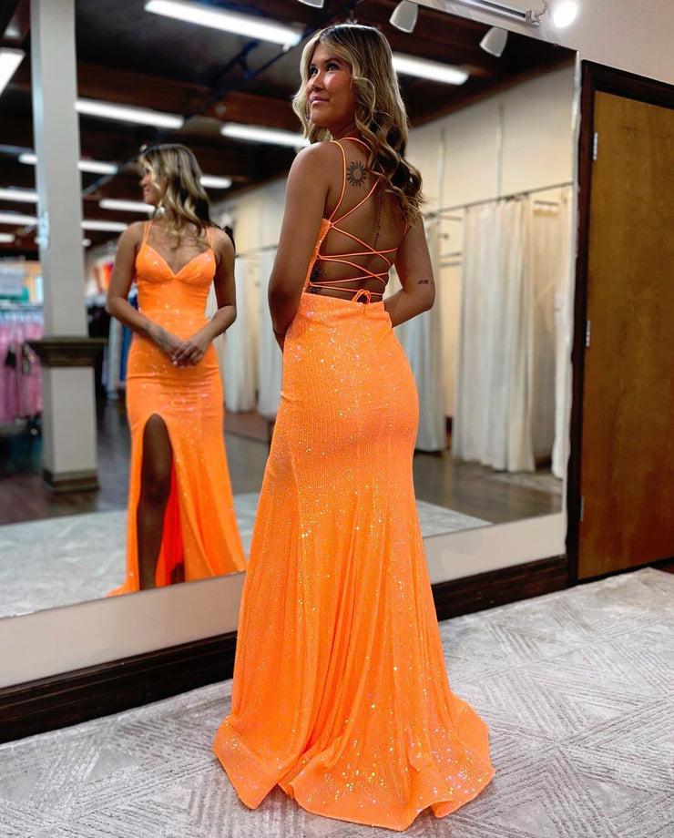 Cute Mermaid V Neck Orange Sequins Long Prom Dresses with Slit VK23011901-2