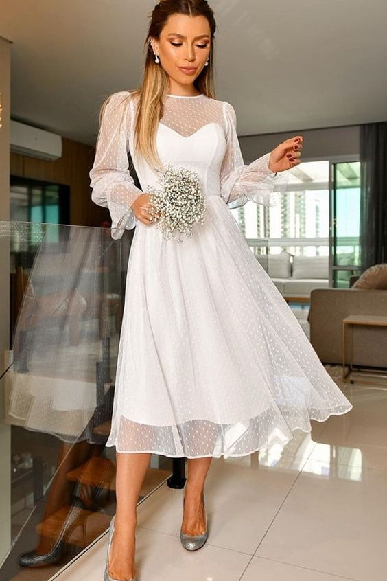 Elegant A-Line Long Sleeve Tea Length Wedding Guest Dresses Evening Party Dresses VK0826001-1
