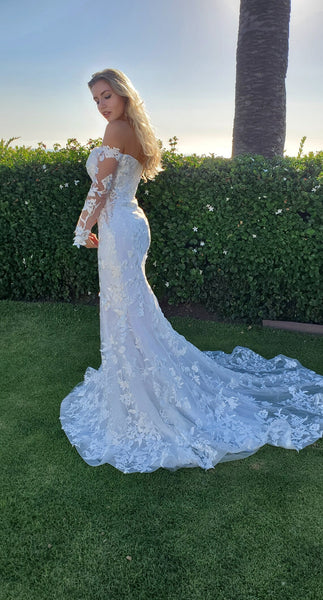 Elegant Mermaid Long Sleeve Off the Shoulder Lace Wedding Dress VK24091401