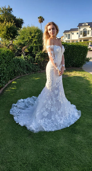 Elegant Mermaid Long Sleeve Off the Shoulder Lace Wedding Dress VK24091401