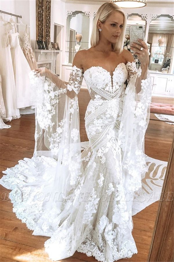 Elegant Sweetheart White Lace Wedding Dresses with Church Train VK0905001-1