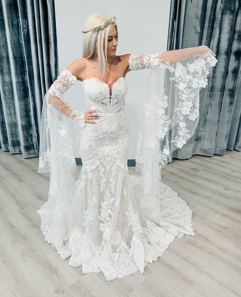 Elegant Sweetheart White Lace Wedding Dresses with Church Train VK0905001-2