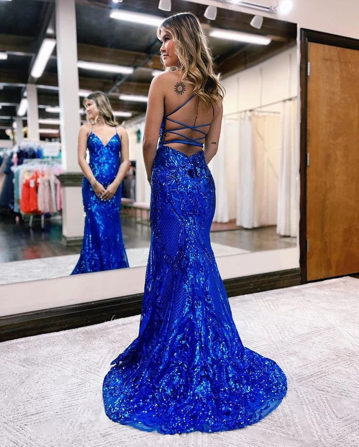 Exquisite Mermaid V Neck Royalblue Sequins Lace Long Prom Dresses VK23020101