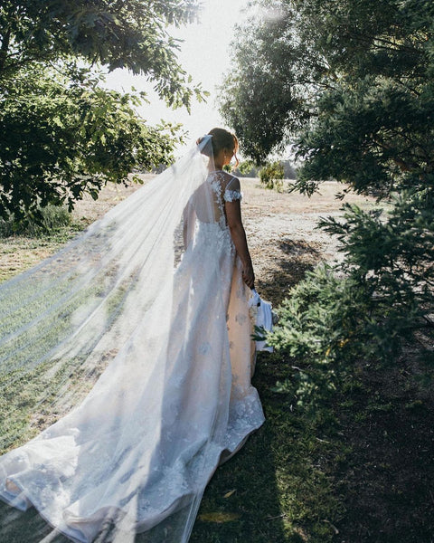 Fairy A Line V Neck Cap Sleeves Tulle Wedding Dresses with Lace VK122805-3
