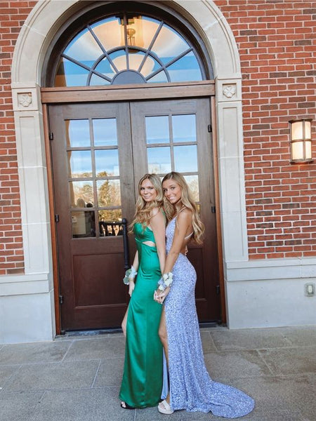 Free Shipping Cute Mermaid V Neck Light Blue Velvet Sequins Prom Dresses with Slit VK22022204