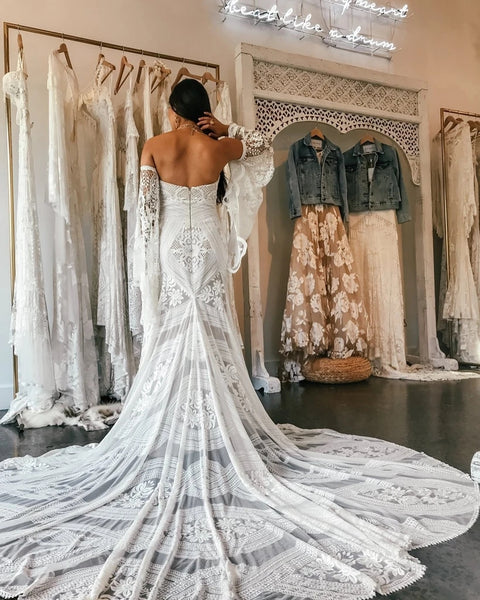 Mermaid Sweetheart Lace Boho Wedding Dresses with Sleeves VK0402003