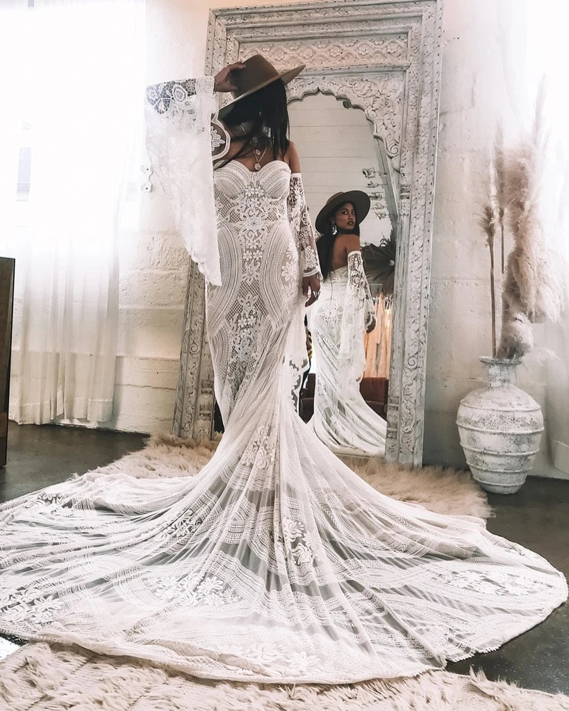 Free Shipping Mermaid Sweetheart Lace Boho Wedding Dresses with Sleeves VK0402003 – Vickidress Free Shipping Mermaid Sweetheart Lace Boho Wedding Dresses with Sleeves VK0402003 – Vickidress