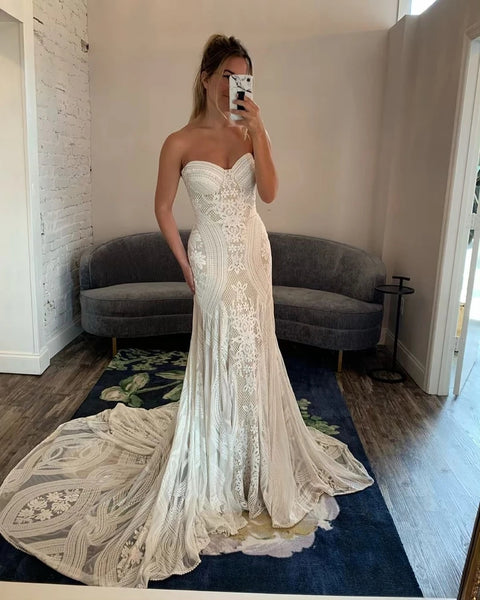 Mermaid Sweetheart Lace Boho Wedding Dresses with Sleeves VK0402003