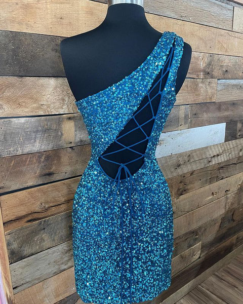 One Shoulder Blue Sequins Short Homecoming Dresses with Cross Back VK081305