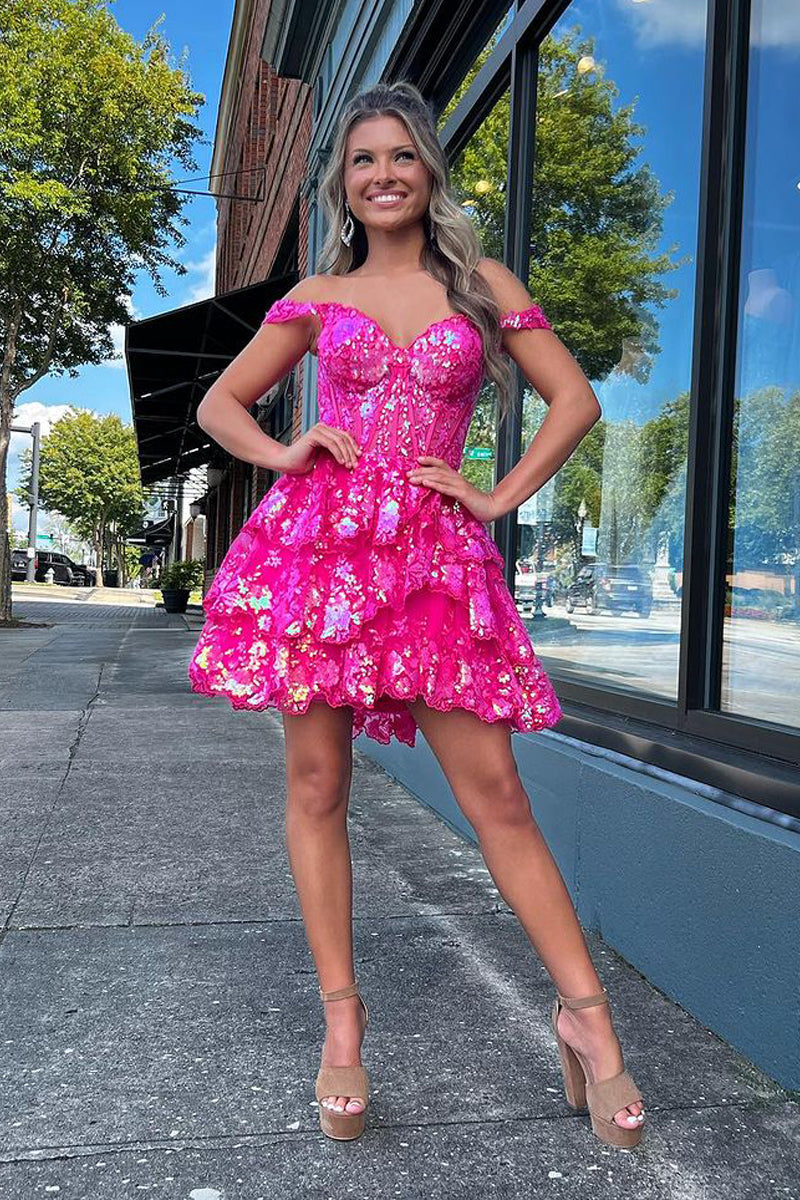 Pretty A-Line Off the Shoulder Hot Pink Sequin Lace Short Homecoming Dresses VK23082406-1
