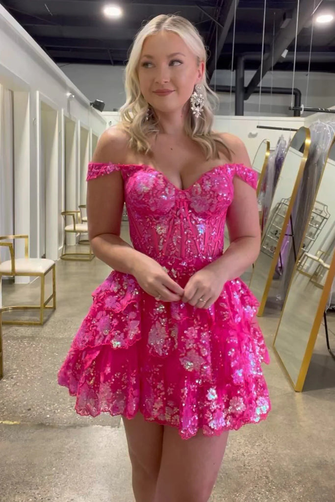 Pretty A-Line Off the Shoulder Hot Pink Sequin Lace Short Homecoming Dresses  VK23082406  Vickidress