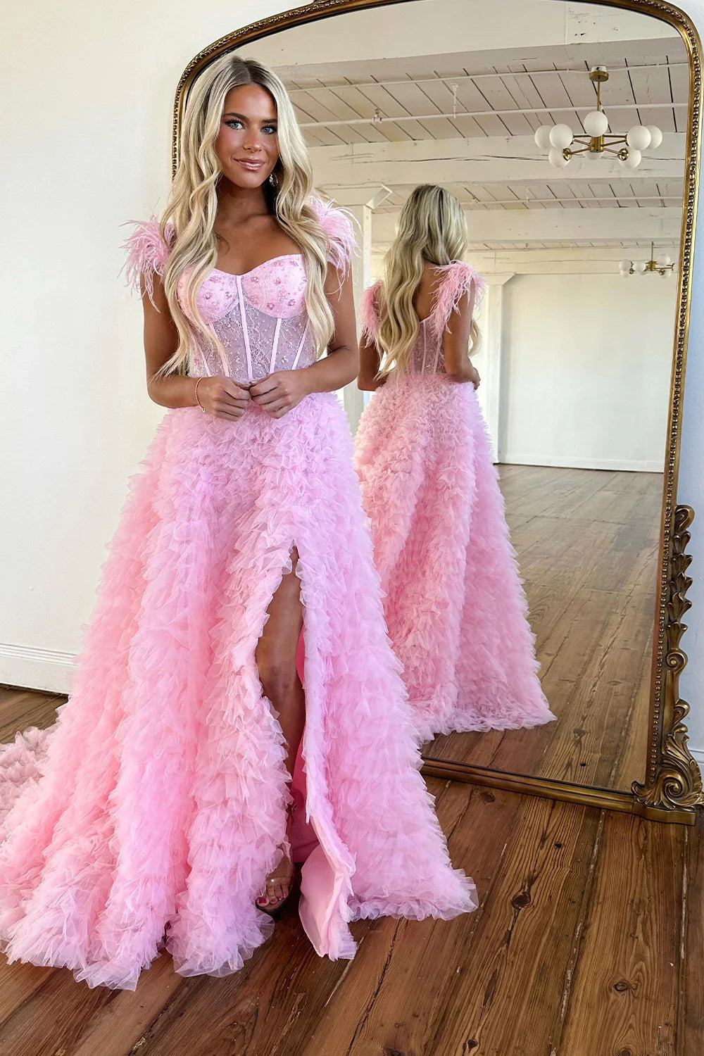 Princess A Line Off the Shoulder Pink Long Prom Dress with Feather VK23092704