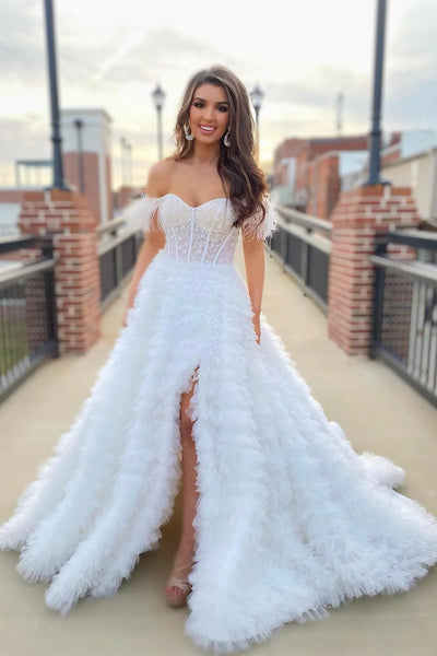 Princess A Line Off the Shoulder Pink Long Prom Dress with Feather VK23092704