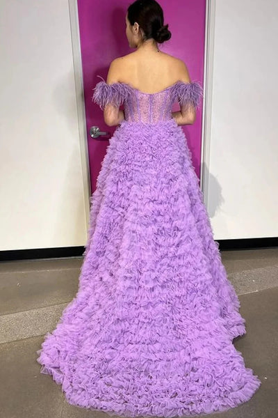 Princess A Line Off the Shoulder Pink Long Prom Dress with Feather VK23092704