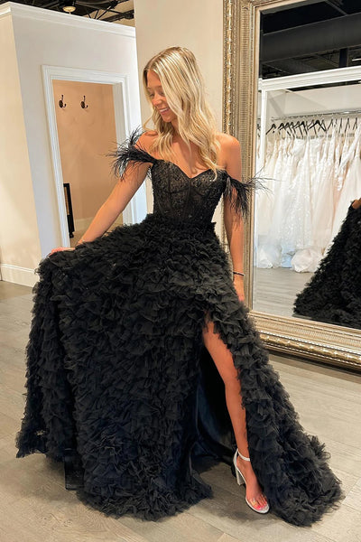 Princess A Line Off the Shoulder Pink Long Prom Dress with Feather VK23092704