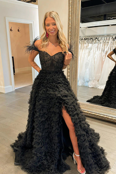 Princess A Line Off the Shoulder Pink Long Prom Dress with Feather VK23092704